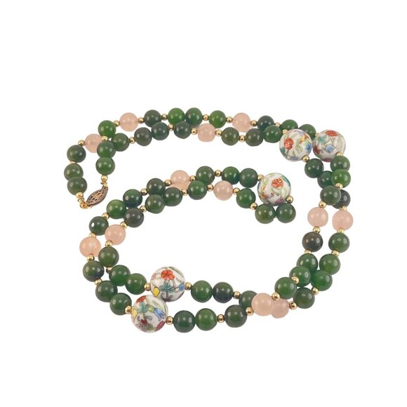 Jade Nephrite Rose Quartz Beaded Vintage GlassNecklace With Floral Porcelain Acc - Picture 8 of 9